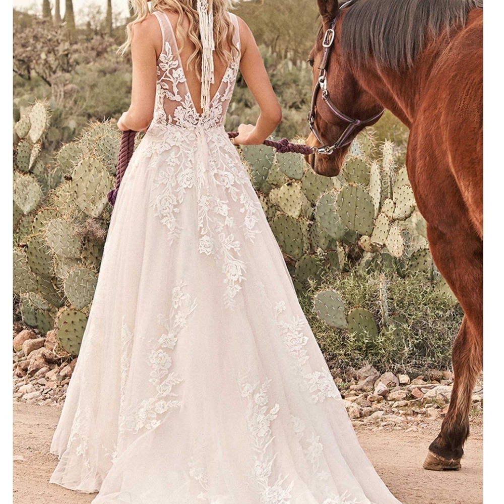 Lillian West Sequined Lace A-Line Gown with Chapel Length Train